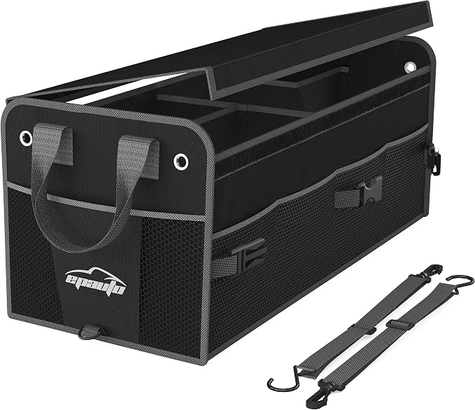 EPAuto Car Trunk Organizer with Lid & Adjustable Multi Compartment for SUV | with Side Pockets and Securing Straps, Foldable