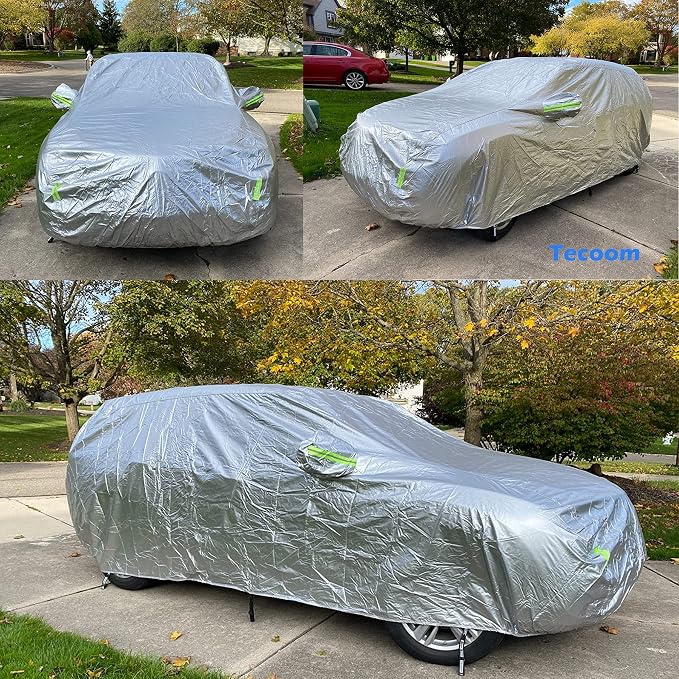 Tecoom Super Heavy Duty Multiple Layers SUV Car Cover All Weather Waterproof Windproof Reflective Snow Sun Rain UV Protective Outdoor with Buckles and Belt Fit 170-190 inches SUV