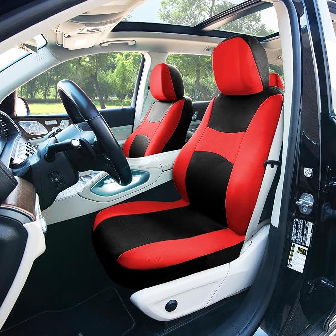 FH Group Universal Car Seat Covers Full Set for SUV Truck Sedan Vans | Waterproof All-Purpose Cloth Seat Cover Set Airbag Compatible Washable Split Bench Protector Interior Upgrade - Red
