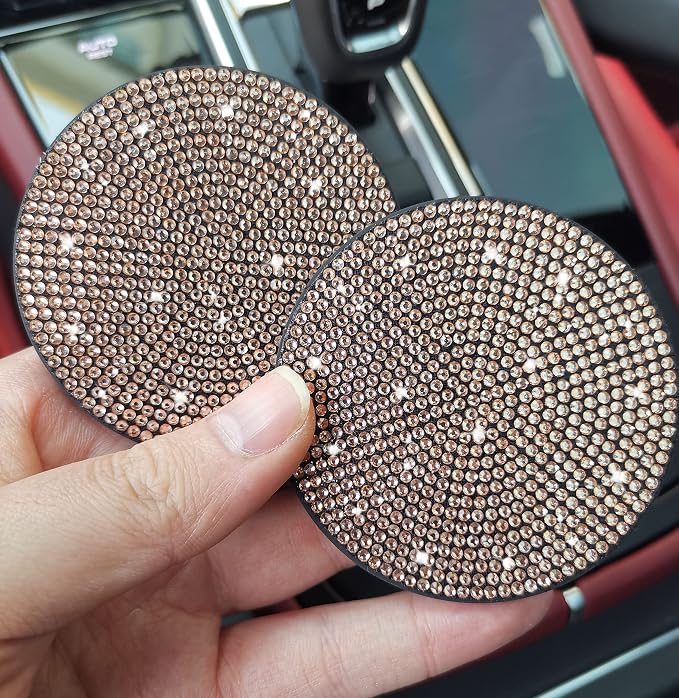 NBTEPEM 4pcs Bling Car Cup Holder Coaster, 2.75 inch Anti-Slip Shockproof Universal Fashion Car Coasters Insert Bling Crystal Rhinestone Automotive Interior Accessories for Women (Champagne)