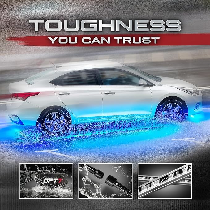OPT7 Aura RGB Aluminum Car Underglow Kit with Remote Control | Waterproof Rigid LED Bars, Multicolor Underbody Lighting, Exterior Neon Accent Ground Lights, 12V Car Decor