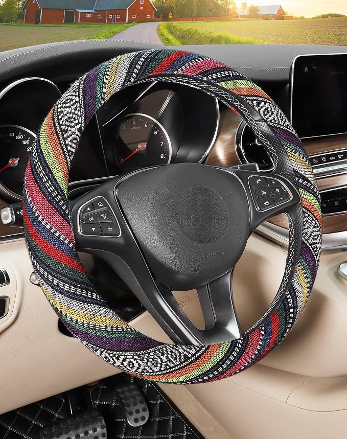 SEG Direct Boho Steering Wheel Cover, Baja Blanket Cloth, Coarse Flax | Bohemian Car Decor, Ethnic Style, Coarse Flax, Fabric Cover Fits 14 1/2-15 1/4 inches Standard Medium Size, for Women Men