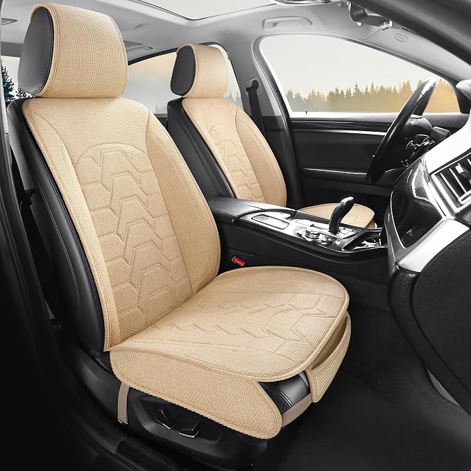 Linen car Seat Covers Breathable Cloth Fabric Seat Protector Front seat Covers Universal Fit for 95% Automotive, Car, Van, SUV, Trucks（（Beige，2PCS）
