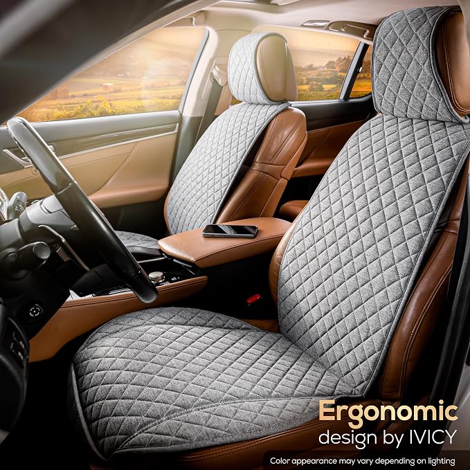 IVICY Faux Linen Front Car Seat Cover – Non-Slip Bucket Seat Protector for Most Cars, SUVs, Vans & Trucks – 1 Seat Cover, Machine Washable, Side-Airbag Friendly, Cool Gray