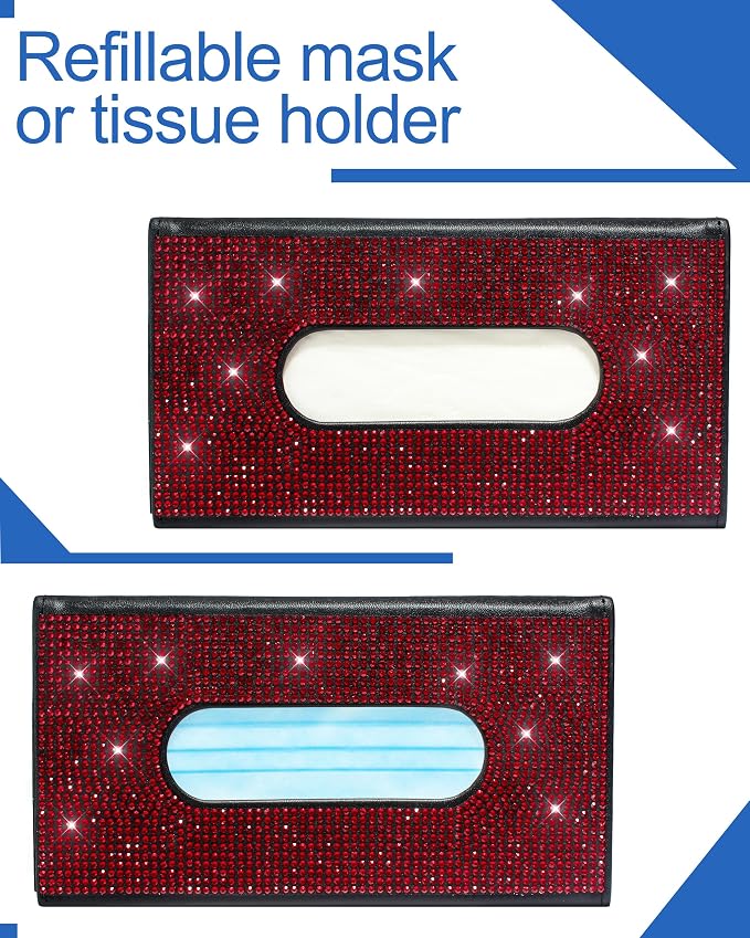 Bling Car Sun Visor Tissue Box Holder,PU Leather with Bling Crystal Rhinestones Tissue Holder,Car Accessories for Women (Red)