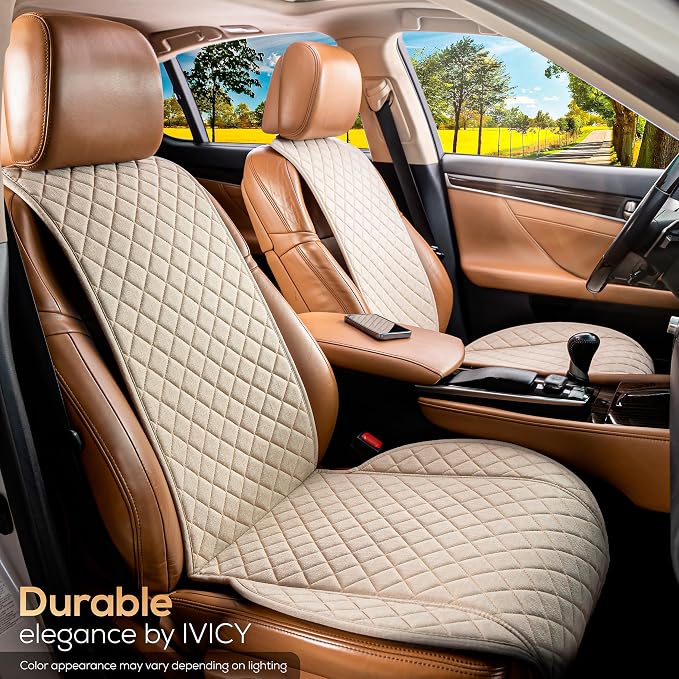 IVICY Faux Linen Front Car Seat Cover – Non-Slip Bucket Seat Protector for Most Cars, SUVs, Vans & Trucks – 1 Seat Cover, Machine Washable, Side-Airbag Friendly, Light Beige