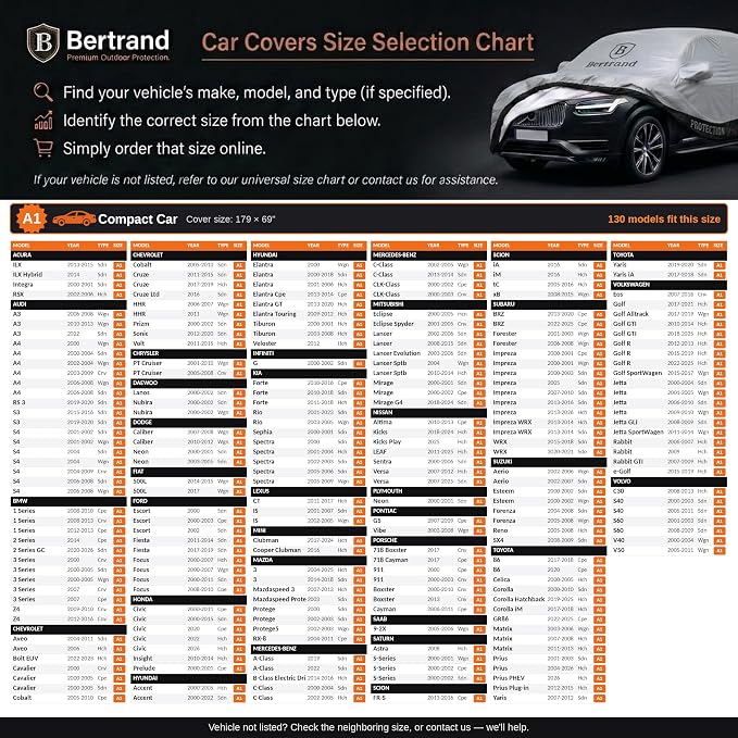 BERTRAND Heavy Duty Sedan Car Cover Waterproof All Weather - Snow, Rain & UV Outdoor Protection | Cotton-Lined, Up to 10-Point Anchoring + Door Zipper | Compact Sedans, Silver-Black (179x69, A1)