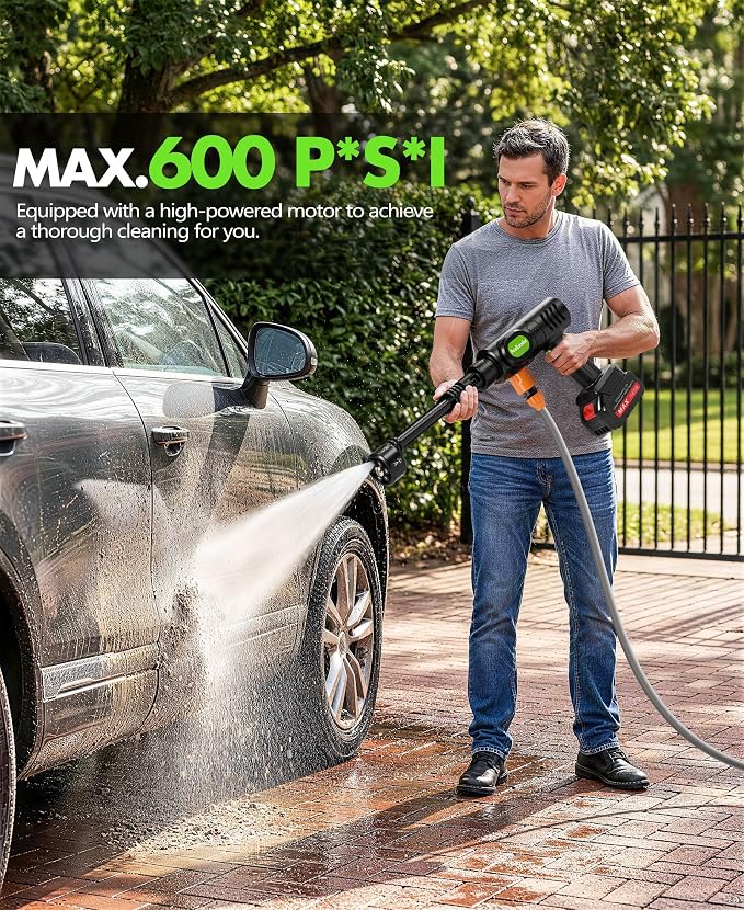 PoolLeader Cordless Car Cleaning Tool with 6-in-1 Nozzle & Foam Cannon | Lightweight Portable Design, Battery Operated Cordless Car Wash Spray, Handheld Wash Machine for Car, Patio, Home -Lime Green
