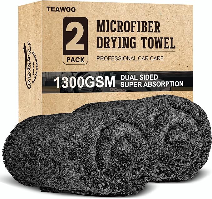 TEAWOO 2 Pack Double-Sided Car Care Extra-Large, Ultra-Absorbant Microfiber Drying Towel for Cars and Trucks, Super Absorbent Car Drying Towel, 1300GSM, 35" x 24"