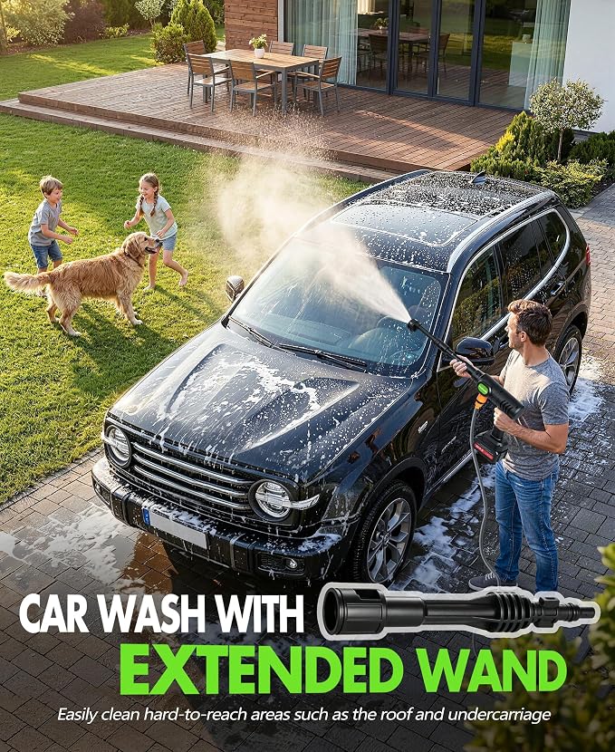 PoolLeader Cordless Car Cleaning Tool with 6-in-1 Nozzle & Foam Cannon | Lightweight Portable Design, Battery Operated Cordless Car Wash Spray, Handheld Wash Machine for Car, Patio, Home -Lime Green