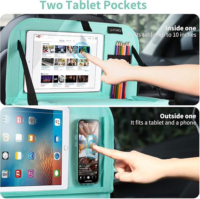 LUCMO Car Backseat Organizer with Foldable Tablet Holder, Light Blue | 2 Pcs,6 Storage Pockets,Foldable Food Tray,Protectors Kick Mats,Travel Accessories,Seat Cover,Road Trip Essentials