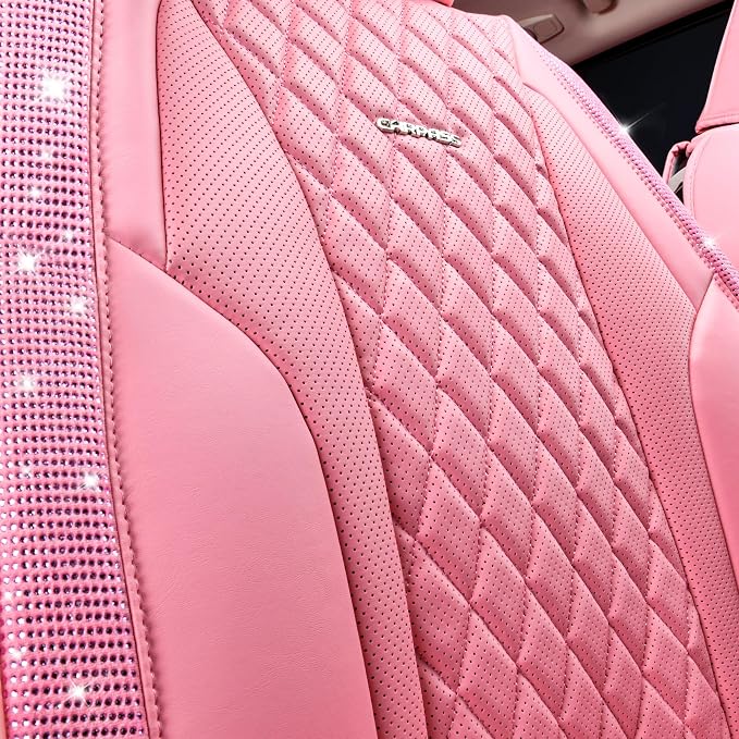 CAR PASS Bling Pink Nappa Leather Car Seat Covers for Front Seats, Waterproof Heavy-Duty Anti-Slip, Universal Fit for 95% Auto SUV Sedan Truck, Glitter Sparkly Shining Rhinestone, Pink Leather Diamond