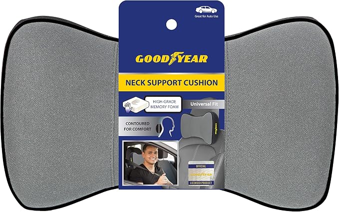 Goodyear Ergonomic Car Neck Pillow, Soft Memory Foam Headrest Pillow for Driving, Breathable & Removable Cover, Car Seat Headrest Cushion with Adjustable Strap, Neck Pain Relief, Grey