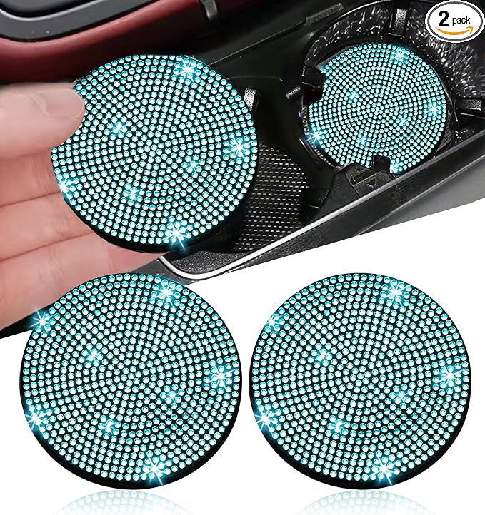 NBTEPEM 2pcs Bling Car Cup Holder Coaster, 2.75 inch Anti-Slip Shockproof Universal Fashion Car Coasters Insert Bling Crystal Rhinestone Automotive Interior Accessories for Women (2 pcs, Aquamrine)