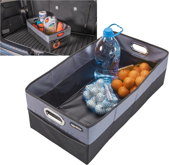 High Road CargoCube Car Storage Bin - Leakproof Car Trunk Storage Organizer with Metal Handles and Front Mesh Pocket, 12x24 Inches - Single pack