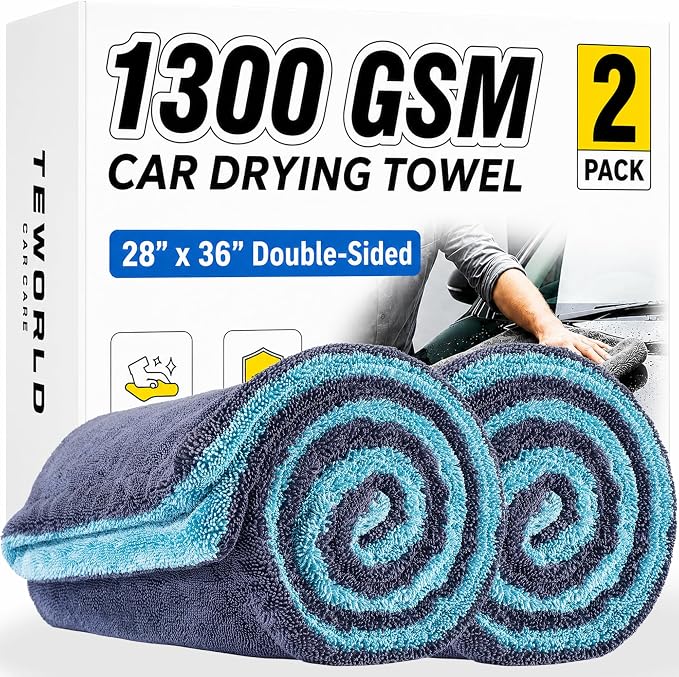 teworld® 2-Pack Car Drying Towels, Large 36 x 28 Inch, 1300 GSM, Dual-Color | Twisted Loop Microfiber Towel for Cars - Absorbent Car Dry Towel and Car Wash Towel for Streak-Free, Paint-Safe Car Detailing