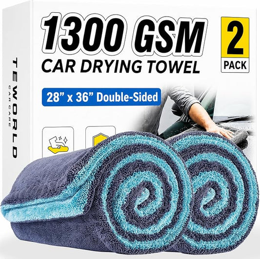 teworld® 2-Pack Car Drying Towels, Large 36 x 28 Inch, 1300 GSM, Dual-Color | Twisted Loop Microfiber Towel for Cars - Absorbent Car Dry Towel and Car Wash Towel for Streak-Free, Paint-Safe Car Detailing
