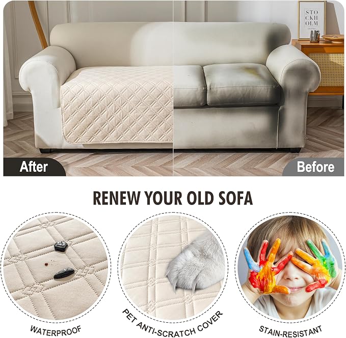 Genina Waterproof Couch Cover, Washable Anti-Slip 51 inch Loveseat Sofa Covers with 2 Cushions, Sectional Couch Covers for Pets Friendly, Sofa Slipcovers for Dogs Cats, (51inch/Beige)