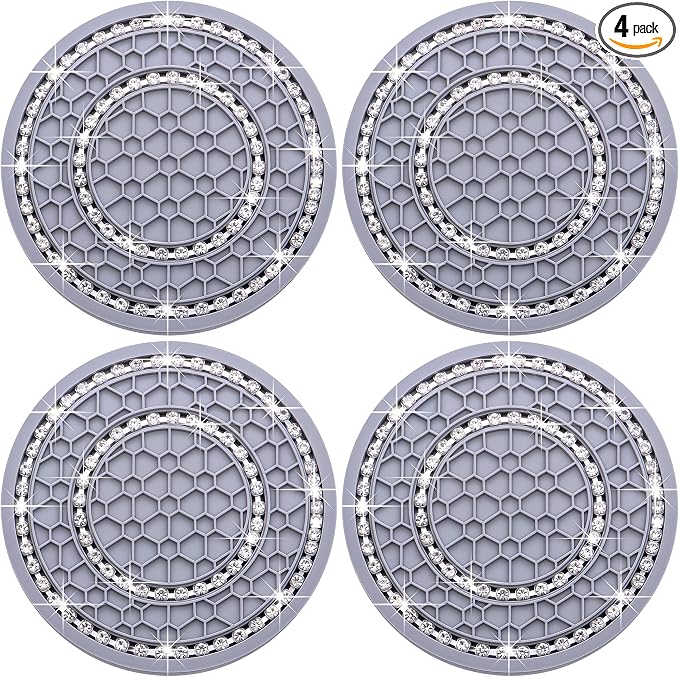 4PCS Bling Crystal Rhinestone Cup Holder Coaster, 2.75 inch Soft Silicone Anti-Slip Shockproof, Car Cup Holder Insert Coasters, Universal Car Interior Accessories for Women (Gray & White)