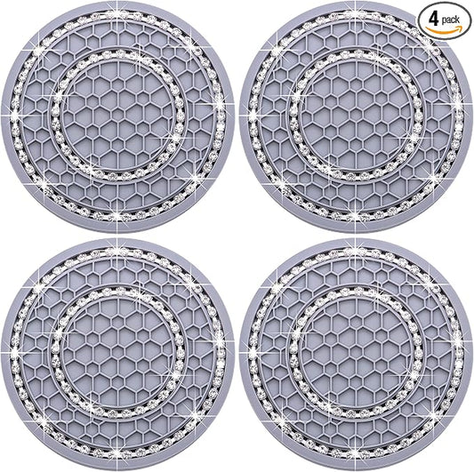 4PCS Bling Crystal Rhinestone Cup Holder Coaster, 2.75 inch Soft Silicone Anti-Slip Shockproof, Car Cup Holder Insert Coasters, Universal Car Interior Accessories for Women (Gray & White)