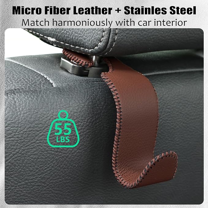 Amooca Car Seat Headrest Hook Universal Vehicle Storage Hanger Leather with Metal Car Seat Back Organizer for Handbag Purse Coat Brown 2 Pack