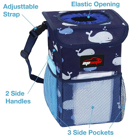 EPAuto Waterproof Car Trash Can with Lid and Pockets, 1.8 Gal, Blue | Leakproof, Collapsible Multipurpose Car Bin with 3 Side Storage Pockets, Adjustable Straps