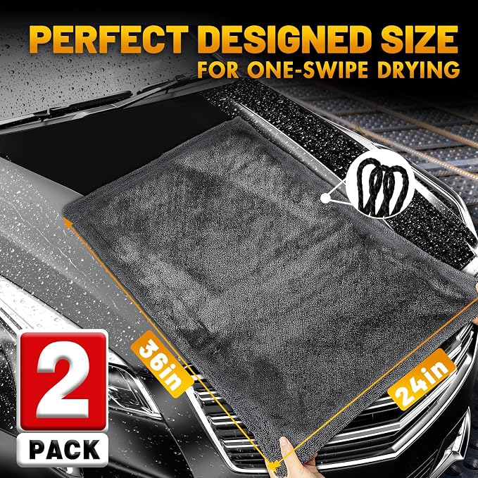 RBUGR Microfiber Towels for Cars, 2 Pack 1200GSM Car Drying Towel(24″x 36″), Dual Sided Drying Towels Car Detailing, Ultra Absorbent Car Cleaning Towel, No Streak, No Scratch, No Water Spots