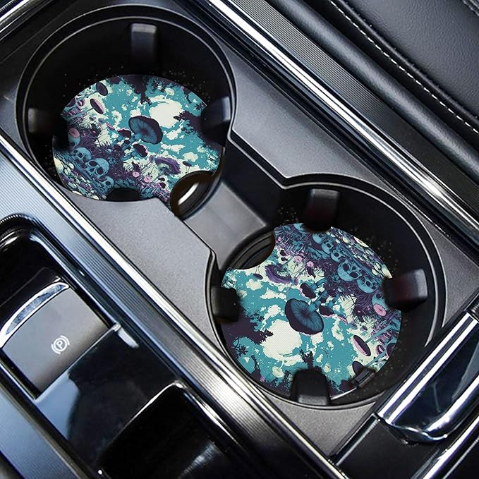 WOCOCN Car Coasters,Cup Holder Coasters for Car,2.75inch Anti Slip and Absorbent,Cute Automotive Interior Accessories for Cup Holder,Pack of 2 (Skull Under Mushroom)
