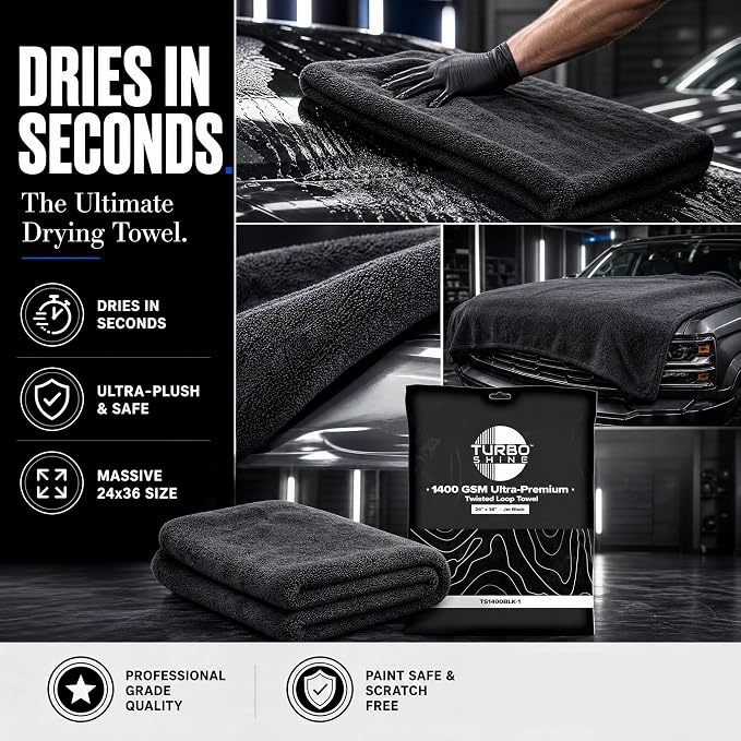 1400 GSM Microfiber Car Drying Towel, Twisted Loop, Streak-Free, Lint-Free, 24x36 Inch Ultra Premium Car Wash Towel (1, Jet Black, 24" x 36")
