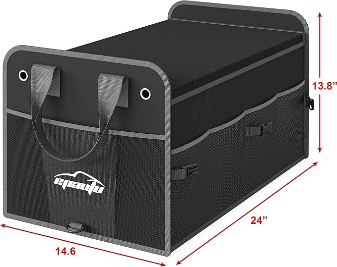 EPAuto Car Trunk Organizer with Lid & Adjustable Multi Compartment for SUV | with Side Pockets and Securing Straps, Foldable
