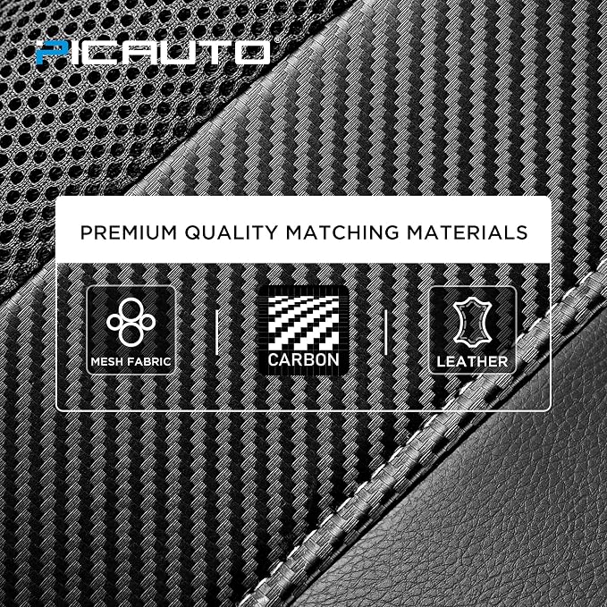 PIC AUTO Leather Car Seat Covers, Sports Carbon Fiber & Mesh Design, High-Back Full Set, Waterproof Automotive Seat Covers, Airbag Compatible, Universal Fit for Cars, SUVs, Trucks (Black & Red)