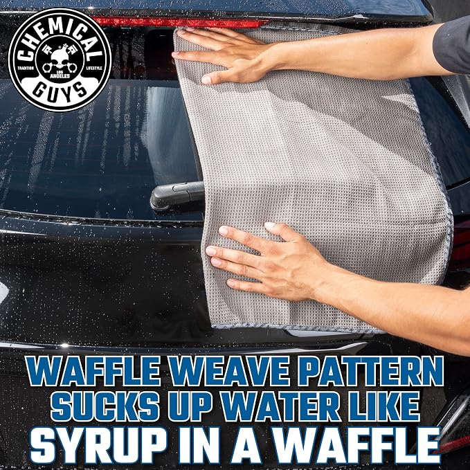 Chemical Guys Waffle Weave Gray Matter Microfiber Drying Towel - 25" x 36", Premium Blend Microfiber Towel with Soft-Banded Edging for Scratch-Free Car Drying, Ultra Absorbent | Waffle-weave towel with soft-banded edges soaks up sheeting water for a fa...