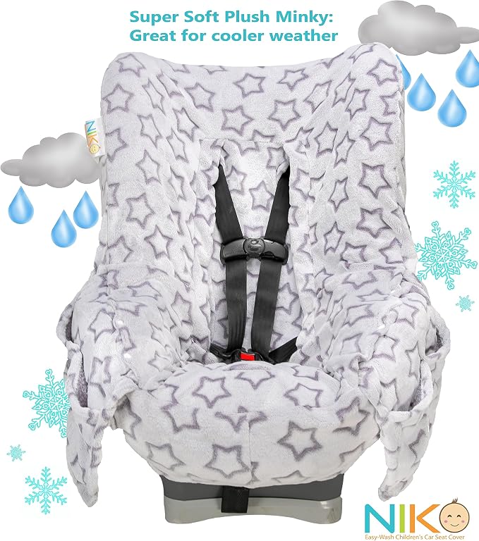 Niko Easy Wash Children's Car Seat Cover & Liner -Minky -Silver Star -Perfect for Winter Weather-Universal Fit -Crash Tested -Waterproof SEAT Bottom -Easy to Clean -Machine Washable
