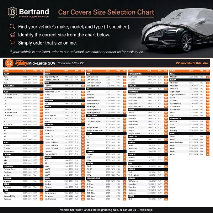 BERTRAND Heavy Duty SUV Car Cover Waterproof All Weather - Snow, Rain & UV Outdoor Protection | Cotton-Lined, Up to 10-Point Anchoring + Zipper Access | Mid-Large SUVs, Silver-Black (187x75, S2)
