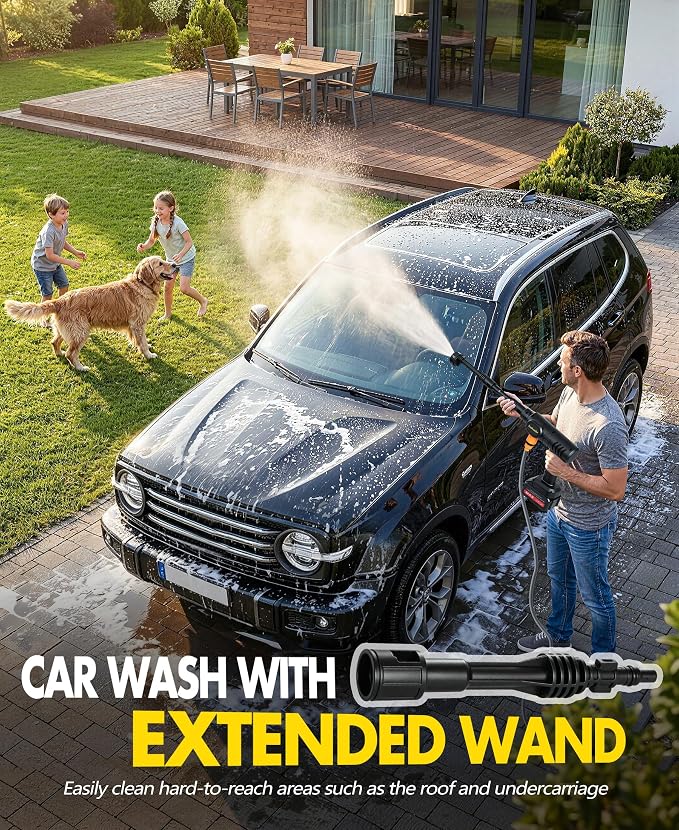 PoolLeader Cordless Car Cleaning Tool with 6-in-1 Nozzle & Foam Cannon | Lightweight Portable Design, Battery Operated Cordless Car Wash Spray, Handheld Wash Machine for Car, Patio, Home - Yellow