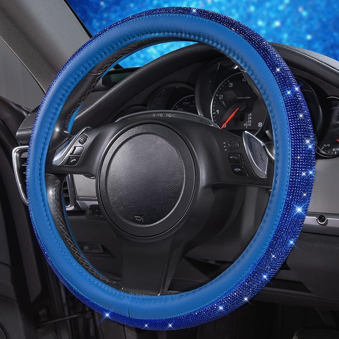 CAR PASS Bling Diamond Leather Steering Wheel Cover, with Bling Sparkly Crystal Glitter Rhinestones Universal Fit 14" 1/2-15" Car Wheel Protect for Women Girl Fit Suvs,Vans,Sedans,Cars,Trucks, Blue