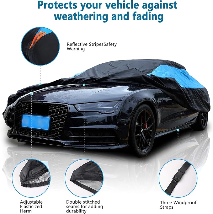 MORNYRAY Waterproof Car Cover All Weather Snowproof UV Protection Windproof Outdoor Full Coupe/Cabrio Car Cover, Universal Fit for (Fit Coupe/Cabrio Up to 166 inch, Blue)