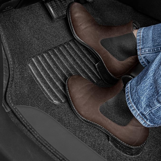 BDK Carpet Floor Mats for Cars, Two-Tone Carpet Car Mat with Faux Leather Accents, Automotive Floor Mat Sets with Built-in Heel Pad, Stylish Interior Car Accessories Grey