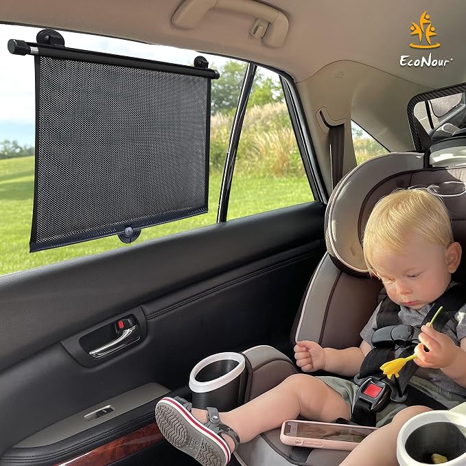 EcoNour Car Window Shades (4 Pack) | Retractable Roller Sunshade for Kids | Baby Window Shades for Offers Impeccable Sun Protection | Curtain Shades for Privacy Blackout | 15"x17"