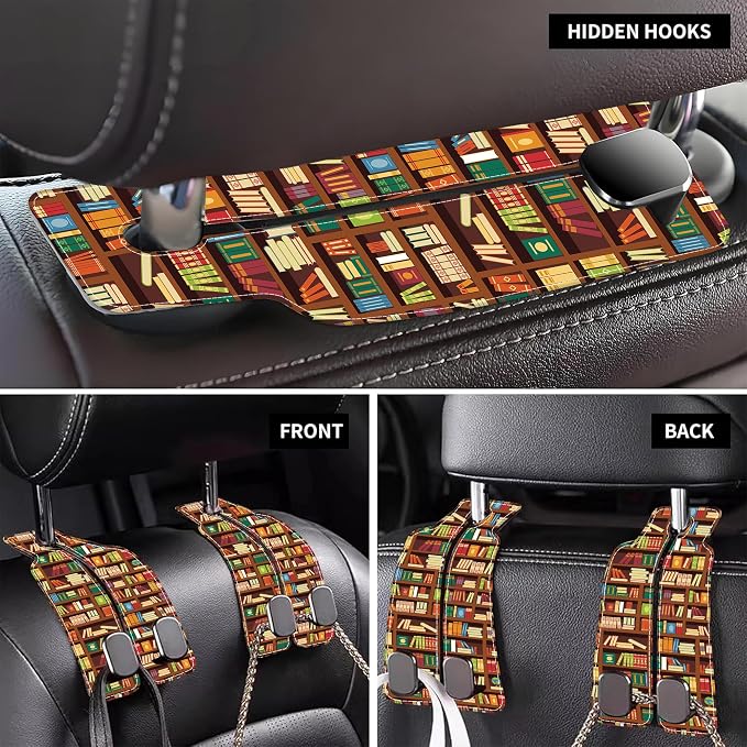 Car Headrest Purse Hanger Vintage Library Book Shelf 1 Pack Bag Purse Holder for Car Premium Leather Double Metal Hook for Handbags, Grocery Bags and Phones