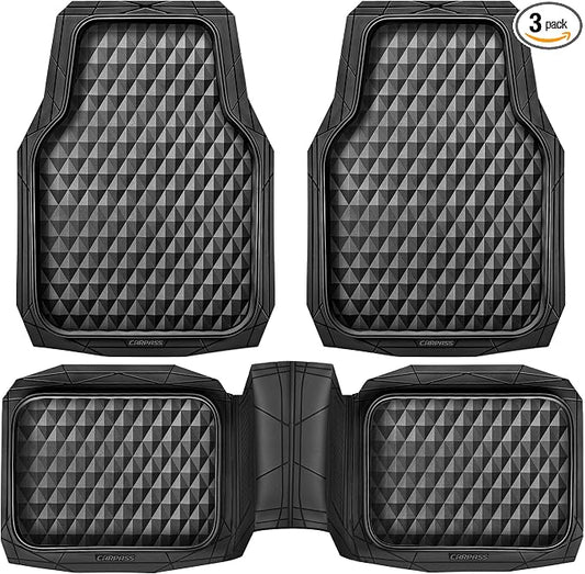 CAR PASS Heavy Duty Rubber Car Mats, Deep Dish All-Weather Floor Mat for Car Full Set Durable Anti-Slip 3D Rhombus Waterproof Trim to Fit Liner Universal Fit Automotive,Sedan,SUV,Truck, 3 Piece Black