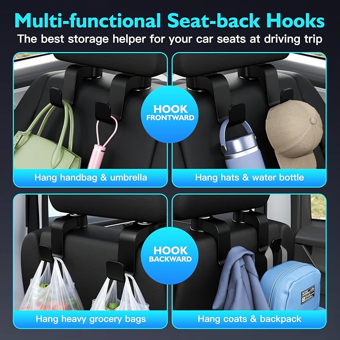 Amooca Car Seat Hooks Anti-Drop Headrest Storage Hanger Universal Fit Automotive Organizer for Purse Bag Coat Black 2 Pack