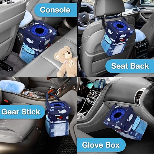 EPAuto Waterproof Car Trash Can with Lid and Pockets, 1.8 Gal, Blue | Leakproof, Collapsible Multipurpose Car Bin with 3 Side Storage Pockets, Adjustable Straps