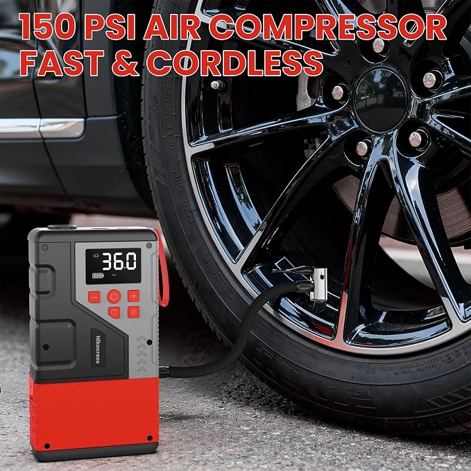 Portable Car Jump Starter with Air Compressor for Emergencies, | 3000A Peak and 150 PSI Max,for 12L Gas & 10L Diesel Engines,LCD Display,LED Light