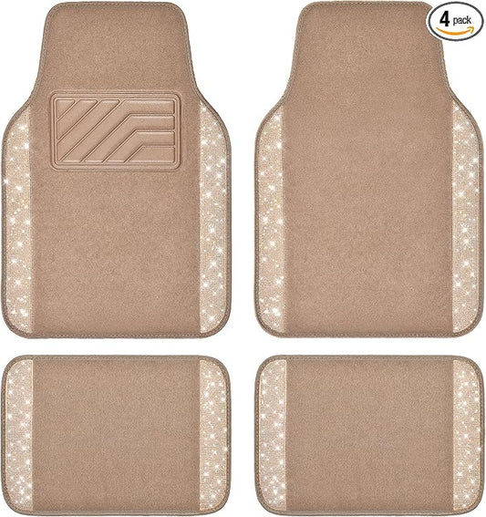CAR PASS Bling Car Mats Shining Diamond Carpet Crystal Rhinestones Sparkly Glitter Floor Mats with Anti-Slip PVC Heel Pad Universal Fit for Automotive SUV, Sedan, Car, Van, 4pcs for Girl Women, Beige