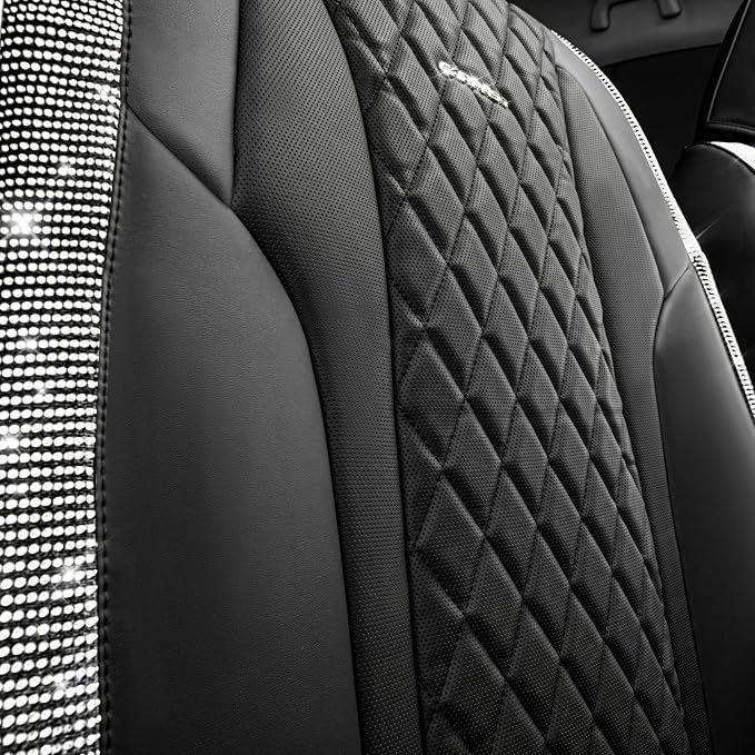 CAR PASS Bling Leather Car Seat Covers & Black Nappa Leather Calfskin Seat Cushioned Protector, Waterproof Anti-Slip Universal Fit SUV Truck Sedan, Glitter Sparkly Shining Rhinestone, Silver Diamond