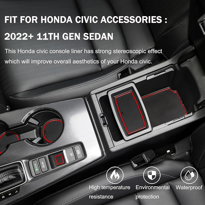 for Honda Civic Accessories 2022 2023 2024 2025 2026 11th Gen Sedan Cup Holder Insert Center Console Liner Door Slot Mats Pad Coaster Trim Premium Rubber Custom Interior 17PC Set (Red Trim)