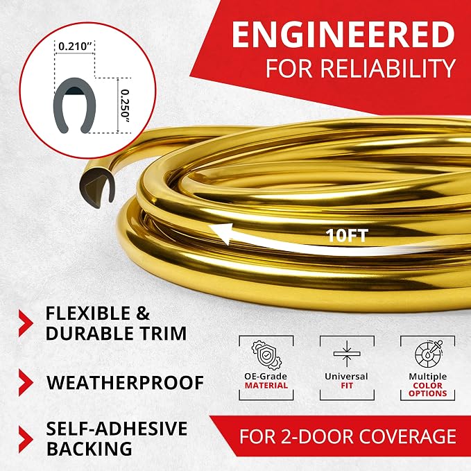 All-Fit Automotive Car Door Edge Protector – Universal DIY Edge Trim to Prevent Scratches & Dings – Flexible Adhesive Molding Trim for Cars, Trucks & SUVs (10 Ft - Gold)