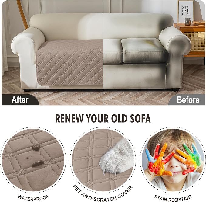 Genina Waterproof Couch Cover, Washable Anti-Slip 67 inch Sofa Covers with 3 Cushions, Sectional Couch Covers for Pets Friendly, Sofa Slipcovers for Dogs Cats, (67inch/Taupe)