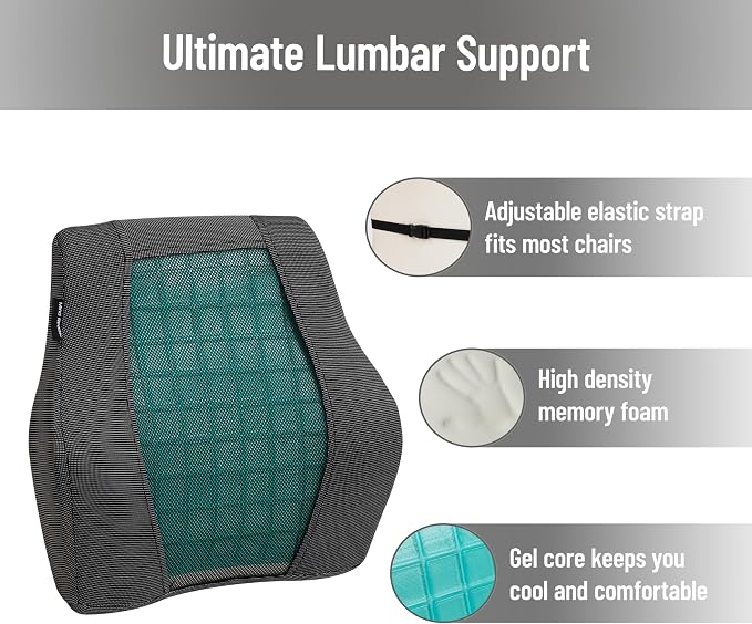 Mind Reader Lumbar Support Cushion for Office Chair and Car Seat, Memory Foam and Cooling Gel Core, Air-Cloud Technology, 15.5" L x 3.75" W x 14.25" H, Black